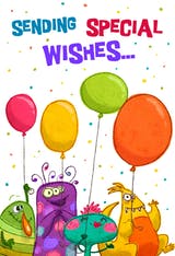 Sending Special Wishes, a cute and colourful birthday card with four funny looking monsters holding balloons